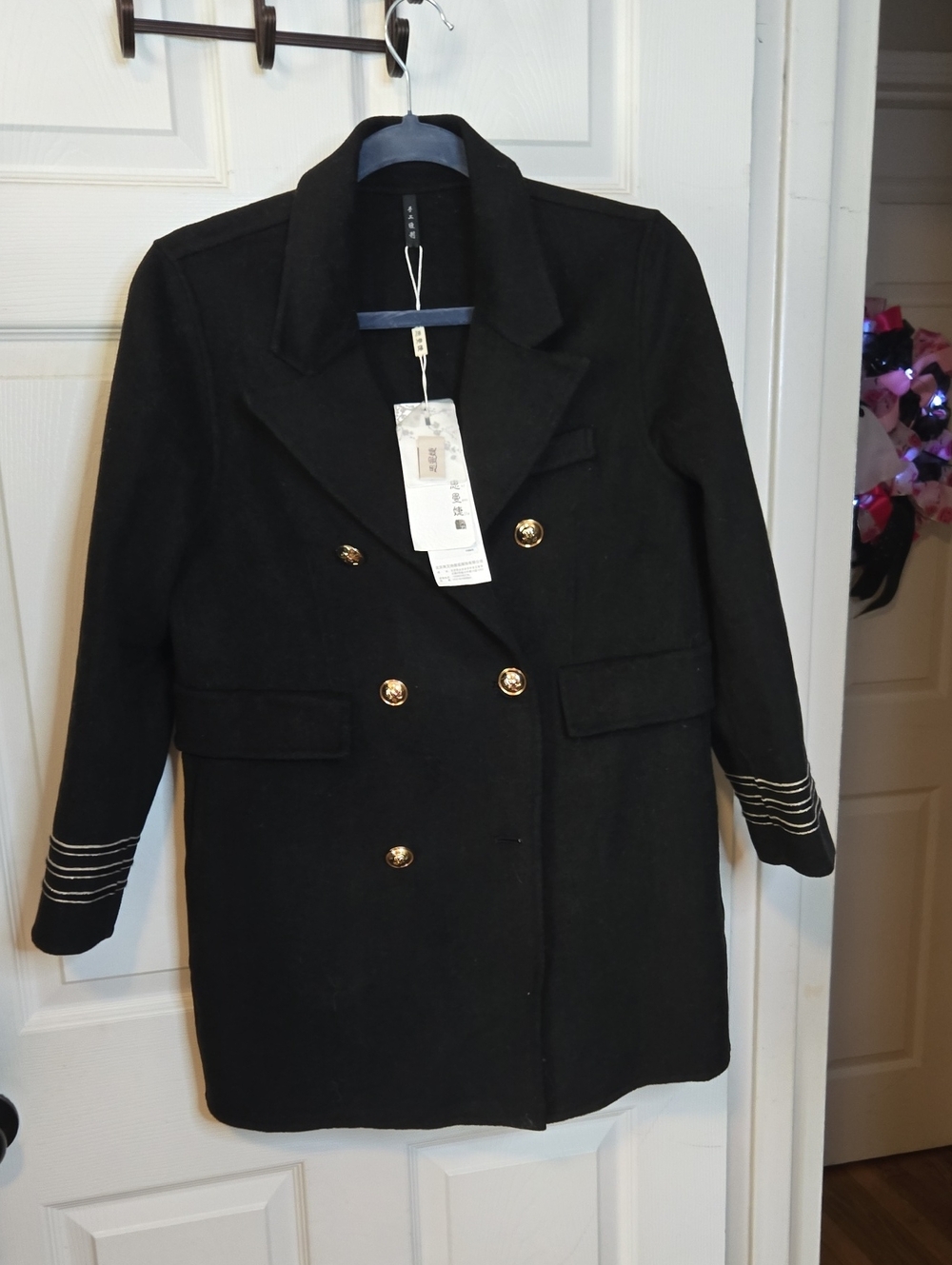 Womens Black Double-Breasted Peacoat with Gold Buttons